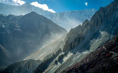annapurna, montanhas, nevoeiro, 4k, himalaia, nepal