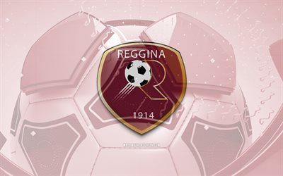 Reggina 1914 glossy logo, 4K, purple football background, Serie B, soccer, italian football club, Reggina 1914 3D logo, Reggina 1914 emblem, Reggina FC, football, sports logo, Reggina 1914