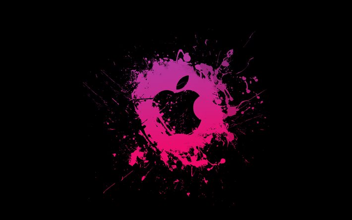 Apple purple logo, 4k, minimalism, creative, purple grunge splashes, Apple grunge logo, Apple logo, artwork, Apple