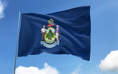 Maine flag on flagpole, 4K, american states, blue sky, flag of Maine, wavy satin flags, Maine flag, US States, flagpole with flags, United States, Day of Maine, USA, Maine