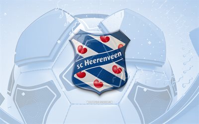 SC Heerenveen glossy logo, 4K, blue football background, Eredivisie, soccer, belgian football club, SC Heerenveen 3D logo, SC Heerenveen emblem, Heerenveen FC, football, sports logo, SC Heerenveen logo, SC Heerenveen