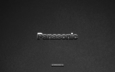 Panasonic logo, brands, gray stone background, Panasonic emblem, popular logos, Panasonic, metal signs, Panasonic metal logo, stone texture