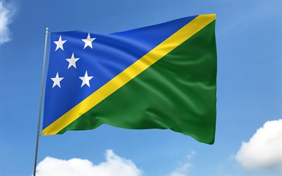 Solomon Islands flag on flagpole, 4K, Oceanian countries, blue sky, flag of Solomon Islands, wavy satin flags, Solomon Islands flag, Palau national symbols, flagpole with flags, Day of Solomon Islands, Oceania, Solomon Islands
