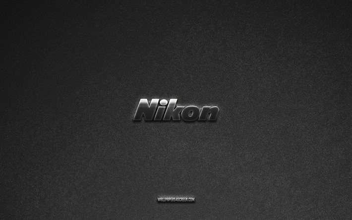 Nikon logo, brands, gray stone background, Nikon emblem, popular logos, Nikon, metal signs, Nikon metal logo, stone texture