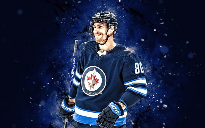 Pierre-Luc Dubois, 4k, blue neon lights, Winnipeg Jets, NHL, hockey, Pierre-Luc Dubois 4K, blue abstract background, Pierre-Luc Dubois Winnipeg Jets
