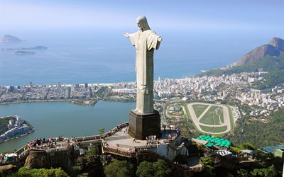 Christ the Redeemer, statue, Rio de Janeiro, Brazil, Cristo Redentor, Corcovado mountain, statue of Jesus Christ, Rio de Janeiro panorama, Rio de Janeiro aerial view