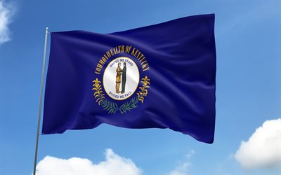 Kentucky flag on flagpole, 4K, american states, blue sky, flag of Kentucky, wavy satin flags, Kentucky flag, US States, flagpole with flags, United States, Day of Kentucky, USA, Kentucky