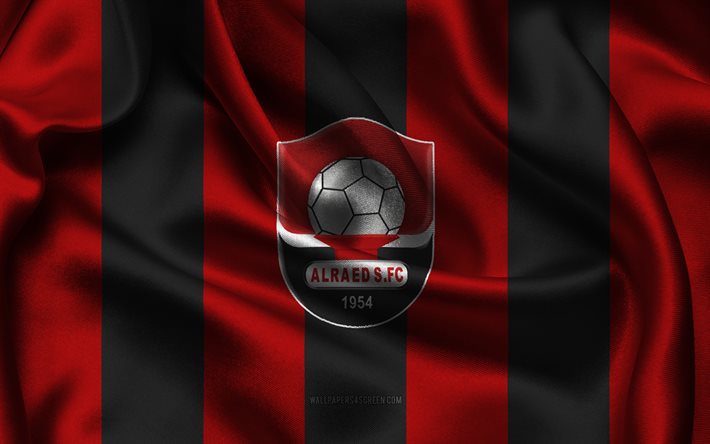 4k, logotipo de al raed fc, tela de seda roja negra, selección de fútbol de arabia, emblema del al raed fc, liga profesional saudita, al raed fc, arabia saudita, fútbol americano, bandera del al raed fc