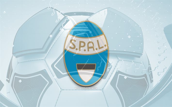spal glänzendes logo, 4k, blauer fußballhintergrund, serie b, fußball, italienischer fußballverein, spal 3d logo, spal emblem, spal fc, sport logo, spal