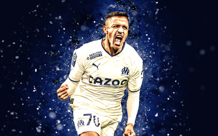 Alexis Sanchez, 4k, 2023, blue neon lights, Olympique Marseille, Ligue 1, soccer, Alexis Sanchez 4K, Alexis, OM, Chilean footballers, blue abstract background, football, Alexis Sanchez Olympique Marseille