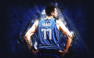 Luka Doncic, Dallas Mavericks, NBA, Slovenian basketball player, blue stone background, basketball, USA