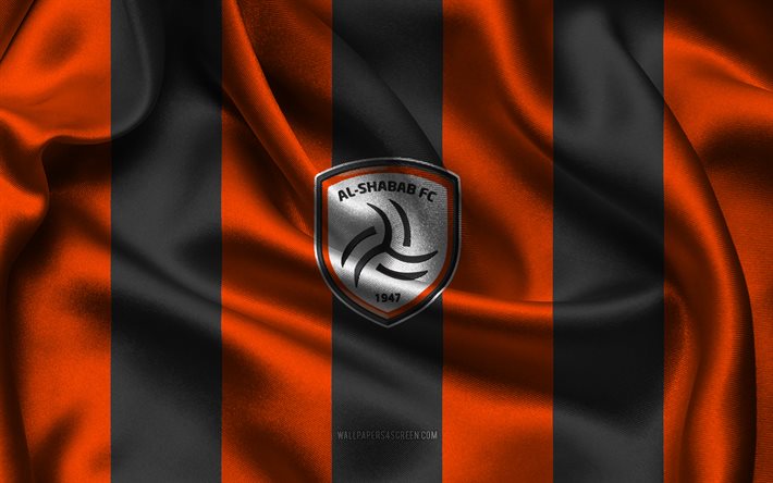 4k, アル・シャバブfcのロゴ, 黒オレンジ色のシルク生地, サウジアラビアのサッカー チーム, アル・シャバブfcのエンブレム, サウジプロリーグ, アル・シャバブfc, サウジアラビア, フットボール, アル・シャバブ fc の旗