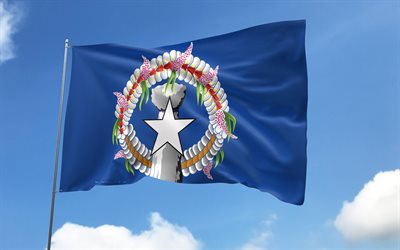 علم جزر ماريانا الشمالية على سارية العلم, 4k, دول المحيط, السماء الزرقاء, علم جزر ماريانا الشمالية, أعلام الساتان المتموجة, سارية العلم مع الأعلام, أوقيانوسيا, جزر مريانا الشمالية