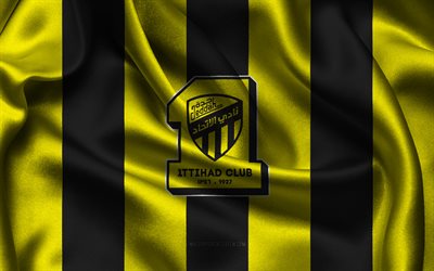 4k, Al-Ittihad Club logo, black yellow silk fabric, Saudi football team, Al-Ittihad Club emblem, Saudi Pro League, Al-Ittihad Club, Saudi Arabia, football, Al-Ittihad Club flag