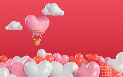 cuore 3d, priorità bassa di amore 3d, 14 febbraio, san valentino, sfondo rosa, priorità bassa del cuore 3d, cuore dell'aerostato 3d, modello di san valentino, sfondo di san valentino, cartolina d'auguri di san valentino