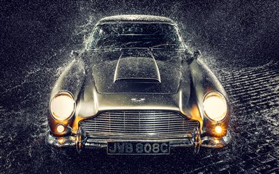 Aston Martin DB5, 4k, headlights, 1964 cars, retro cars, rain, 1964 Aston Martin DB5, british cars, Aston Martin