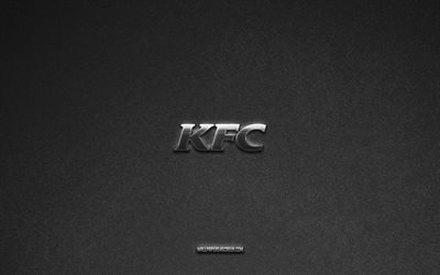 kfc のロゴ, ブランド, 灰色の石の背景, kfc エンブレム, 人気のロゴ, ケンタッキーフライドチキン, メタルサイン, kfc 金属ロゴ, 石のテクスチャ
