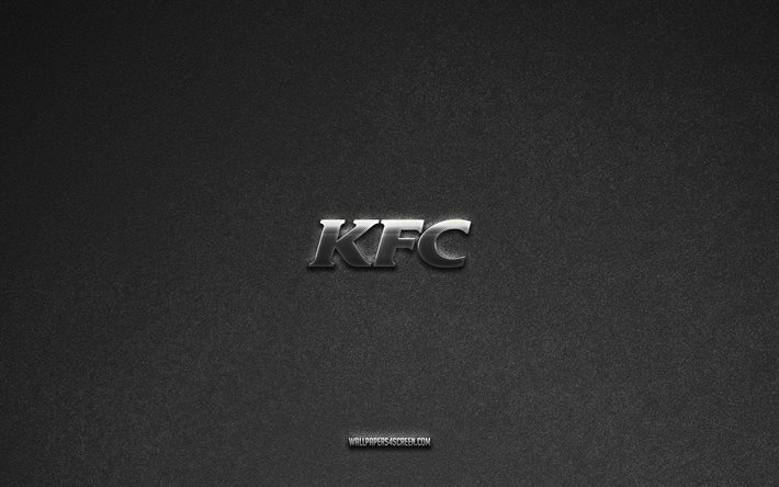 kfc のロゴ, ブランド, 灰色の石の背景, kfc エンブレム, 人気のロゴ, ケンタッキーフライドチキン, メタルサイン, kfc 金属ロゴ, 石のテクスチャ