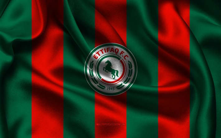 4k, ettifaq fc logo, grün roter seidenstoff, saudische fußballmannschaft, ettifaq fc emblem, saudische profiliga, ettifaq fc, saudi arabien, fußball, ettifaq fc flagge
