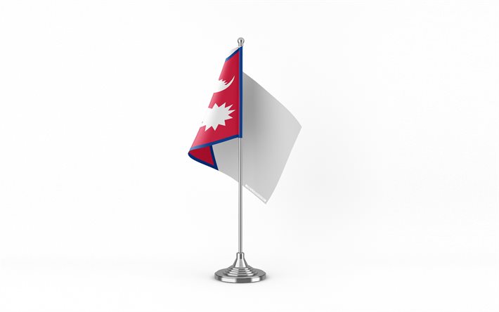 4k, bandiera da tavolo del nepal, sfondo bianco, bandiera del nepal, bandiera del nepal sul bastone di metallo, simboli nazionali, nepal