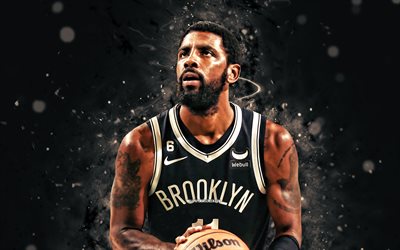 4k, Kyrie Irving, close-up, Brooklyn Nets, white neon lights, NBA, basketball, Kyrie Irving 4K, black abstract background, Kyrie Irving Brooklyn Nets