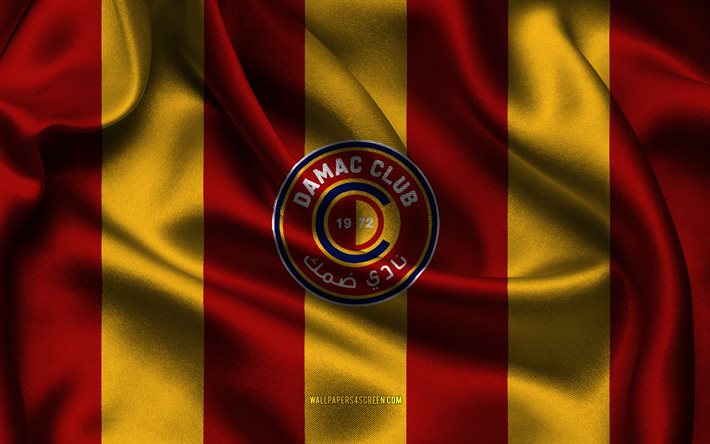 4k, Damac FC logo, yellow red silk fabric, Saudi football team, Damac FC emblem, Saudi Pro League, Damac FC, Saudi Arabia, football, Damac FC flag