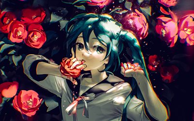 hatsune miku, porträtt, japansk virtuell sångare, rosor, vocaloid, anime karaktärer, hatsune miku med blommor, vocaloid karaktärer