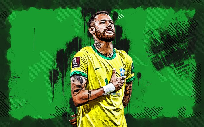 4k, Neymar, grunge art, Qatar 2022, Brazil National Team, soccer, footballers, green grunge background, Neymar JR, Brazilian football team, Neymar 4K