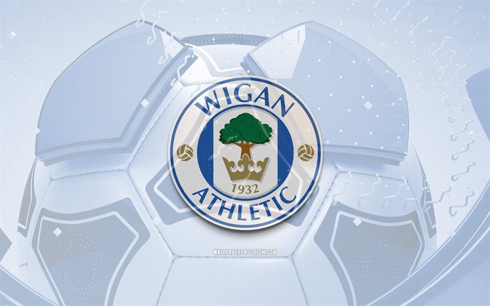 Wigan Athletic glossy logo, 4K, blue football background, EFL Championship, soccer, english football club, Wigan Athletic emblem, Wigan Athletic FC, football, sports logo, Wigan Athletic