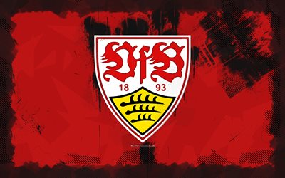 VfB Stuttgart grunge logo, 4k, Bundesliga, red grunge background, soccer, VfB Stuttgart emblem, football, VfB Stuttgart logo, VfB Stuttgart, german football club, Stuttgart FC
