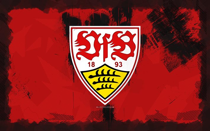 VfB Stuttgart grunge logo, 4k, Bundesliga, red grunge background, soccer, VfB Stuttgart emblem, football, VfB Stuttgart logo, VfB Stuttgart, german football club, Stuttgart FC