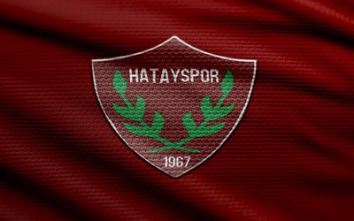 Hatayspor fabric logo, 4k, red fabric background, Super Lig, bokeh, soccer, Hatayspor logo, football, Hatayspor emblem, Hatayspor, turkish football club, Hatayspor FC