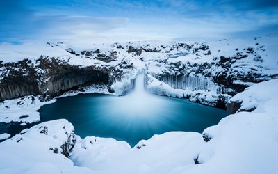 Aldeyjarfoss waterfall, winter, snow, Aldeyjarfoss, glacial lake, highlands of Iceland, evening, winter landscape, Iceland