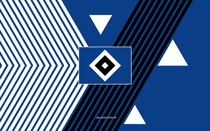 ハンバーガーsvロゴ, 4k, ドイツのサッカーチーム, 青い白い線の背景, ハンバーガーsv, ブンデスリーガ2, ドイツ, 線画, ハンバーガーsvエンブレム, フットボール