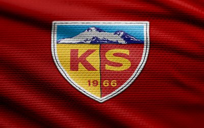 Kayserispor fabric logo, 4k, red fabric background, Super Lig, bokeh, soccer, Kayserispor logo, football, Kayserispor emblem, Kayserispor, turkish football club, Kayserispor FC