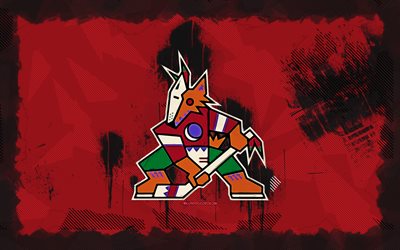 arizona coyotes grunge logo, 4k, nhl, lila grunge bakgrund, hockey, arizona coyotes emblem, arizona coyotes  logotyp, amerikansk hockeyklubb, arizona coyotes