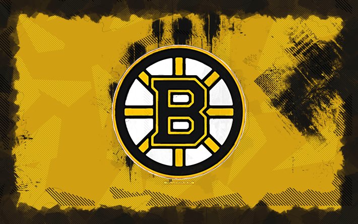 Boston Bruins grunge logo, 4k, NHL, yellow grunge background, hockey, Boston Bruins emblem, Boston Bruins logo, american hockey club, Boston Bruins