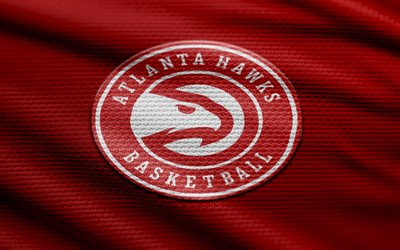 Atlanta Hawks fabric logo, 4k, red fabric background, NBA, bokeh, basketball, Atlanta Hawks logo, Atlanta Hawks emblem, american basketball team, Atlanta Hawks