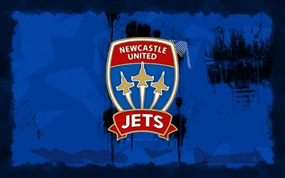 logo di newcastle jets grunge, 4k, a league, sfondo blu grunge, calcio, emblema di newcastle jets, logo di newcastle jets, newcastle jets fc, club di calcio australiano, jets newcastle