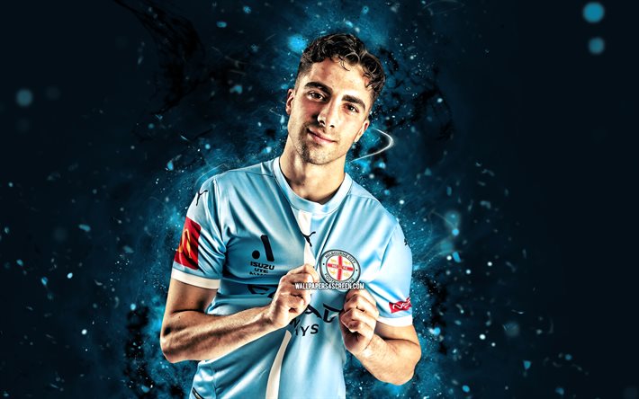 benjamin mazzeo, 4k, luci al neon blu, melbourne city fc, a league, calciatori australiani, benjamin mazzeo 4k, calcio, benjamin mazzeo melbourne city