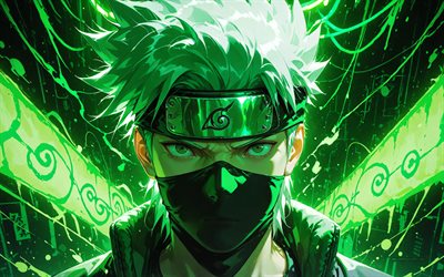 4k, はたけカカシ, 緑色のネオン, 暗闇, ナルト, 緑の抽象的な背景, 写輪眼, アートワーク, マンガ, ナルトのキャラクター, はたけカカシ ナルト
