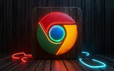 google chrome logo aus holz, 4k, bunte neonlichter, bokeh, browsermarken, kunstwerk, google chrome logo, dunkelheit, markenlogo, google chrome, marken, google chrome 3d logo