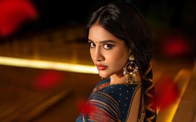 nabha natesh, 4k, saree, bokeh, atriz indiana, bollywood, estrelas de cinema, fotos com nabha natesh, atriz popular, celebridade indiana, sessão fotográfica de nabha natesh