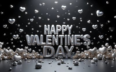 4k, feliz dia dos namorados, letras de balões de prata, fundo preto, saudações do dia dos namorados, 14 de fevereiro, conceitos de amor, corações 3d coloridos, inscrição de feliz dia dos namorados