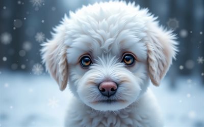 खिलौना पूडल पिल्ला, 4k, प्यारे जानवर, सर्दी, bokeh, पिल्लों, जंगल, कुत्ते, थूथन, खिलौना पूडल, पालतू जानवर, जंगल में कुत्ता, खिलौना पूडल कुत्ता