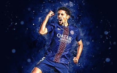 marquinhos, 4k, alegría, luces de neón azules, parís saint germain, liga 1, futbolistas brasileños, marquinhos 4k, fútbol americano, fútbol, psg, marquinhos psg