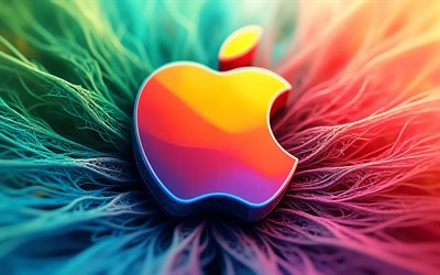 شعار أبل ثلاثي الأبعاد ملون, 4k, أنماط الخيوط الملونة, الفن التجريدي, خلفيات ثلاثية الأبعاد ملونة, بقع الطلاء الملونة, شعار أبل مجردة, خوخه, شعار أبل ثلاثي الأبعاد, عمل فني, شعار أبل, العلامات التجارية للإلكترونيات, تفاحة