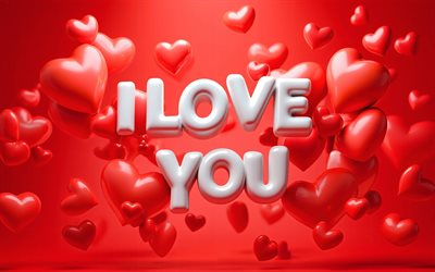 ich liebe dich, 4k, weiße 3d buchstaben, rote 3d herzen, roter hintergrund, grüße zum valentinstag, 14 februar, liebeskonzepte, minimalismus, 3d herzen, aufschrift „ich liebe dich“