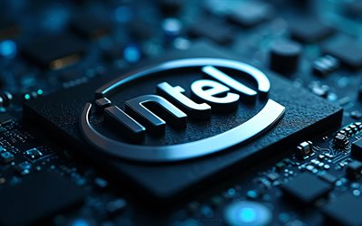 logotipo de intel, 4k, fondo de tecnología azul, emblema intel 3d, signo de intel, símbolo de intel, logotipo 3d de intel, intel