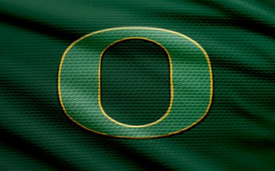oregon ducks 패브릭 로고, 4k, 녹색 직물 배경, ncaaf, 보케, 미식 축구, 오리건 덕스 로고, ncaa, 오리건 덕스 엠블럼, 빅텐, 오리건 오리
